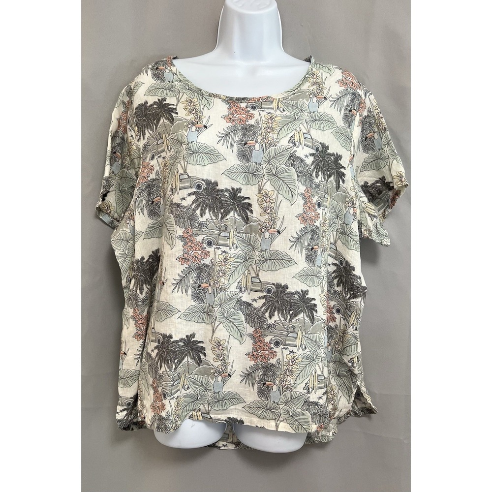 C&C California Top Womens 1X Floral Green Truck‎ Print 100% Linen Casual Ladies
